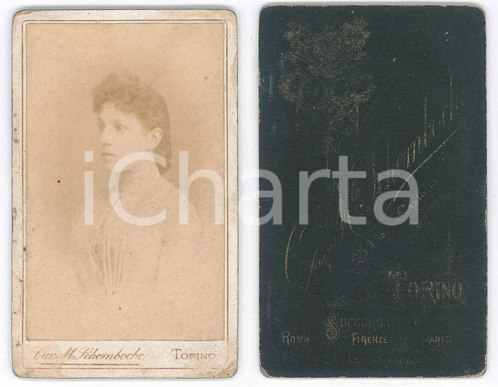Fotografia d epoca originale 1880 ca TORINO Giovane nobildonna in abito chiaro   Foto SCHEMBOCHE CDV 1