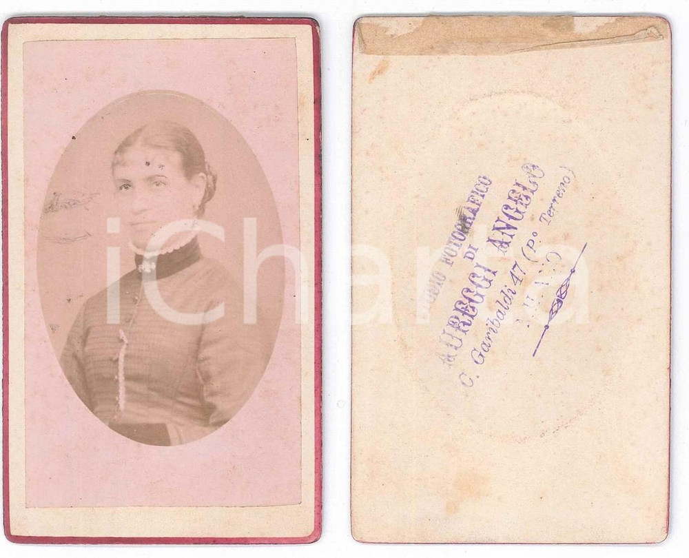 Fotografia d epoca originale 1880 ca MILANO Ritratto di donna  Busto Foto Angelo AUREGGI CDV 1