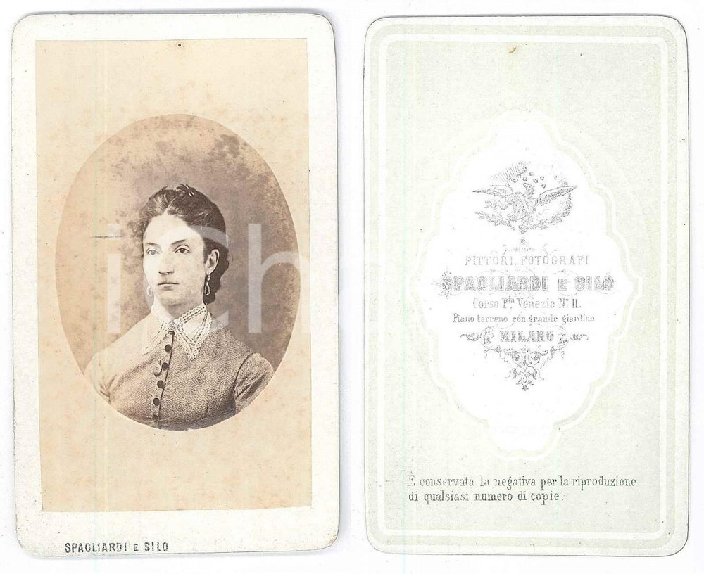 Fotografia d epoca originale 1880 ca MILANO Ritratto di giovane donna  Busto  Foto SPAGLIARDI E SILO CDV 1