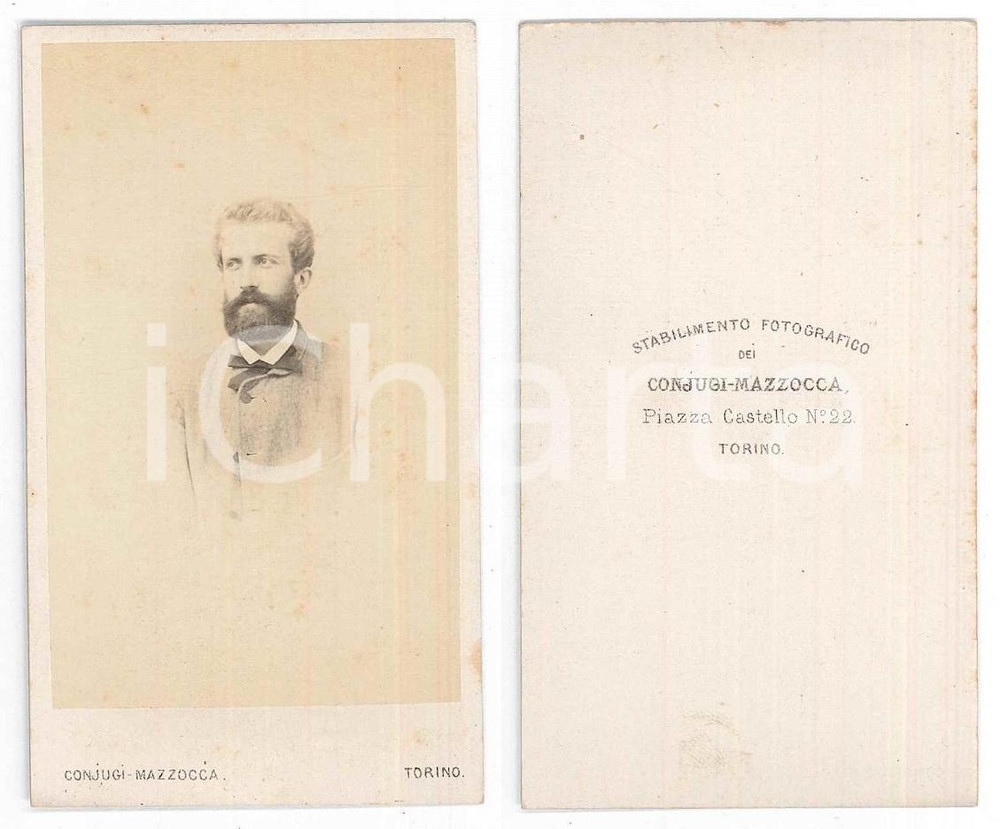 Fotografia d epoca originale 1870 ca TORINO Ritratto di giovane uomo  Busto Foto Coniugi MAZZOCCA CDV 1