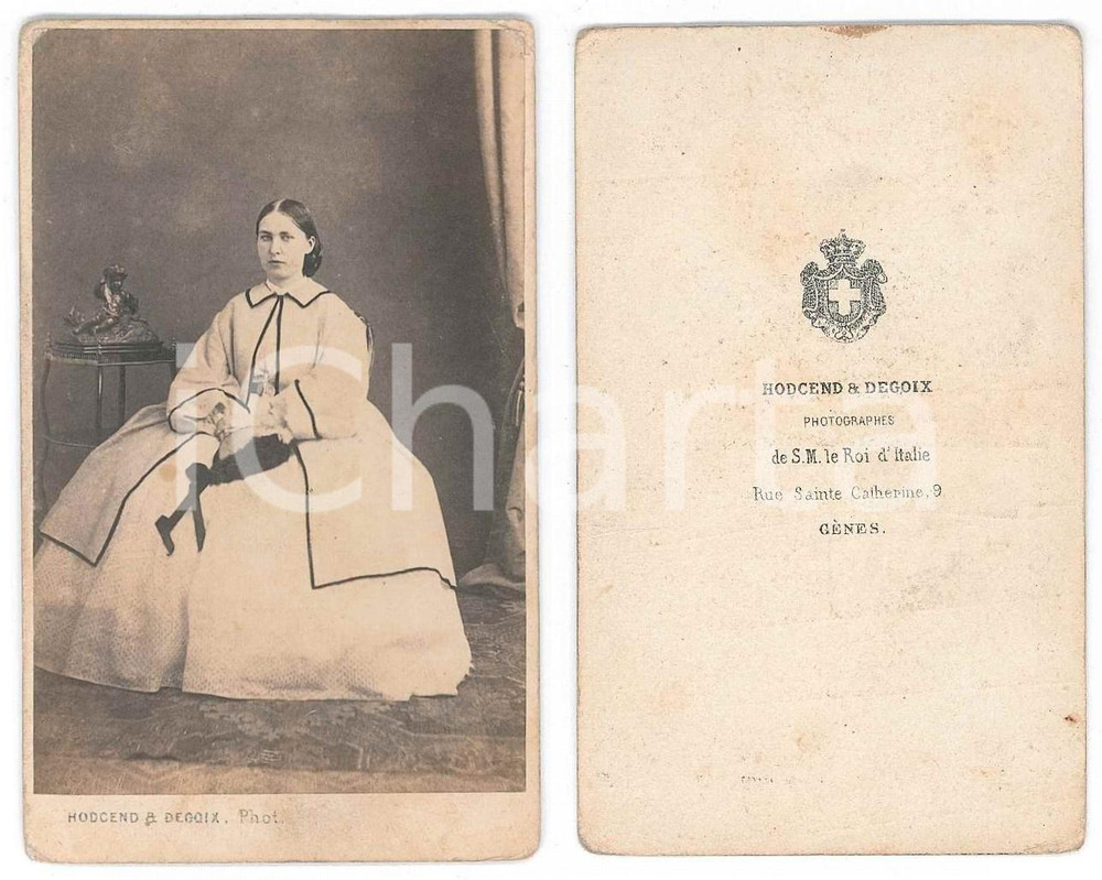 Fotografia d epoca originale 1870 ca GENOVA Ritratto di donna in abito bianco Foto HODCEND & DEGOIX CDV 1