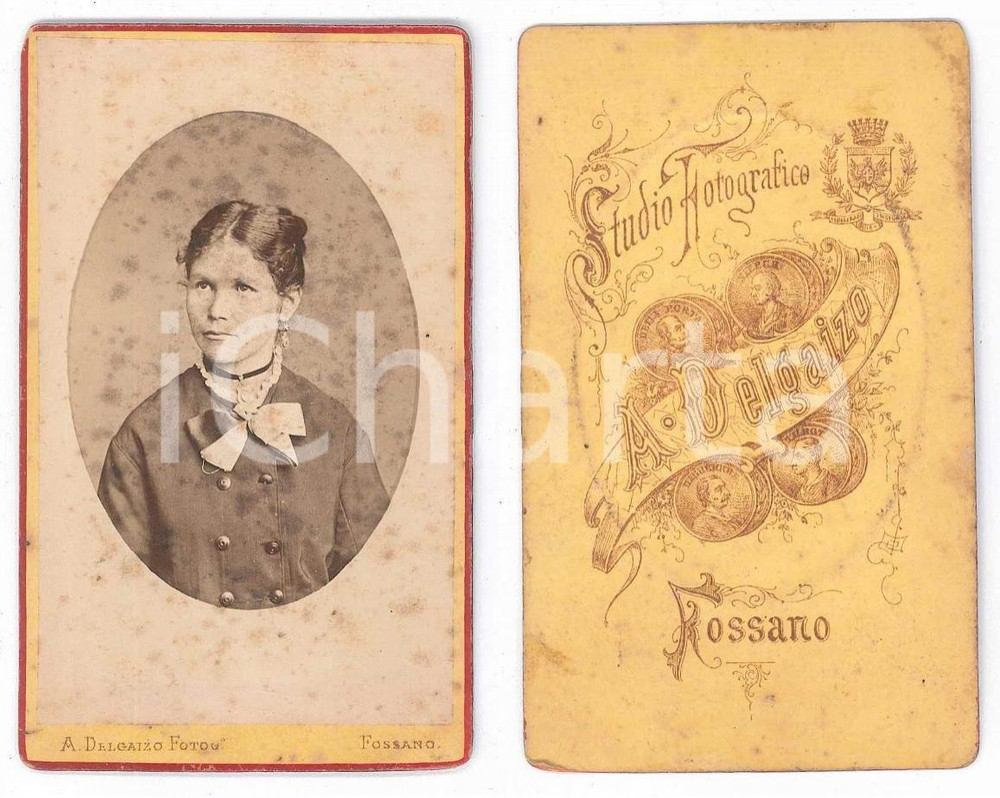 Fotografia d epoca originale 1880 ca FOSSANO CN Ritratto di donna con fiocco Foto DELGAIZO CDV 1