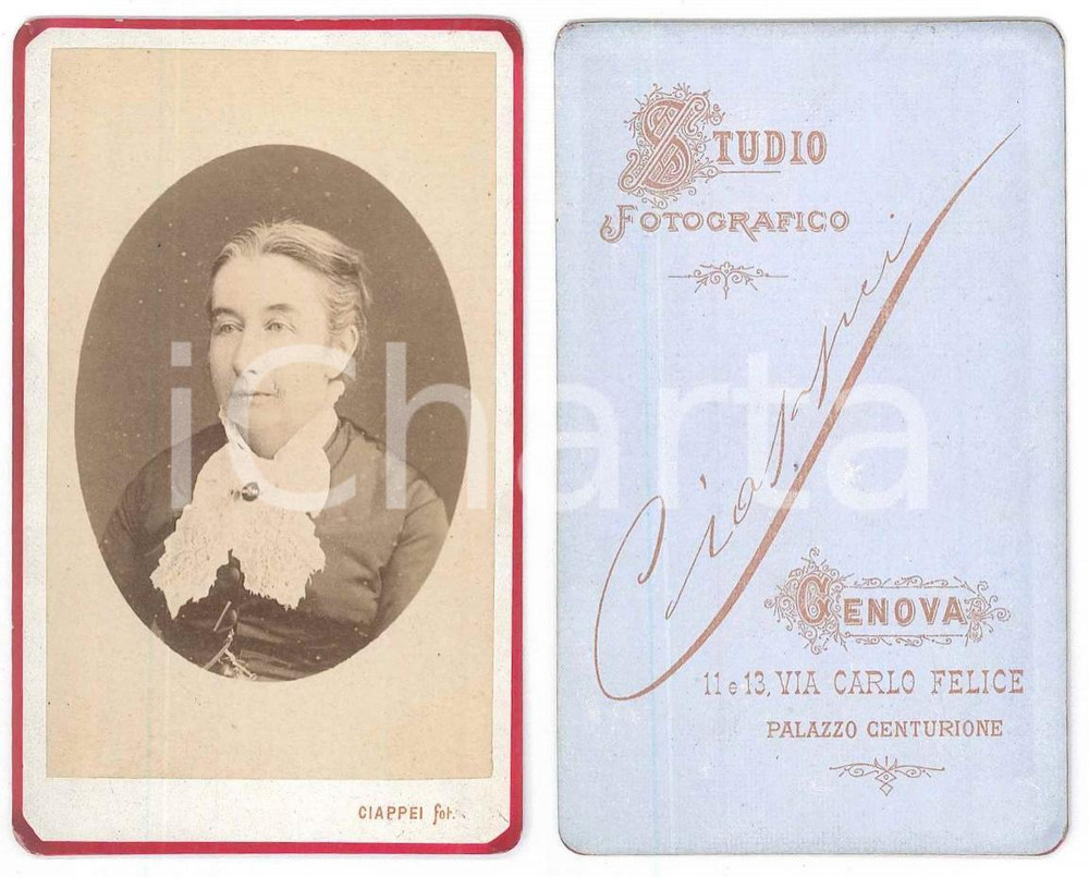 Fotografia d epoca originale 1880 GENOVA Ritratto di donna con foulard bianco Foto CIAPPEI CDV 1