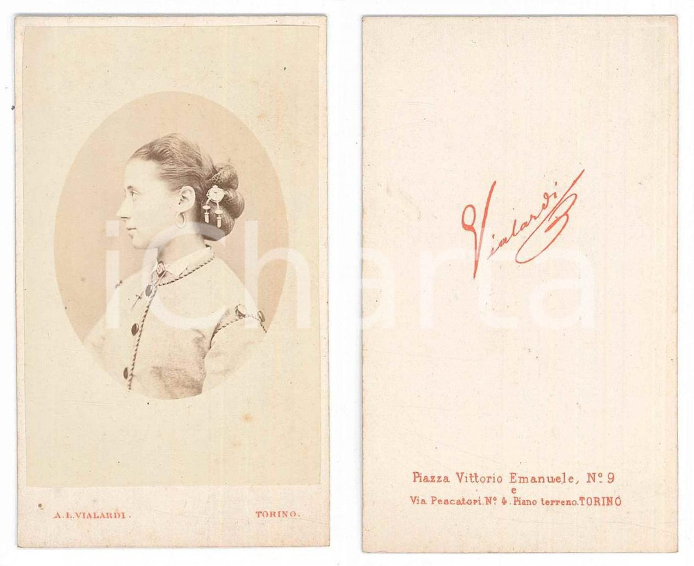 Fotografia d epoca originale 1870 ca TORINO Ritratto di giovane donna  Profilo Foto A. L. VIALARDI CDV 1