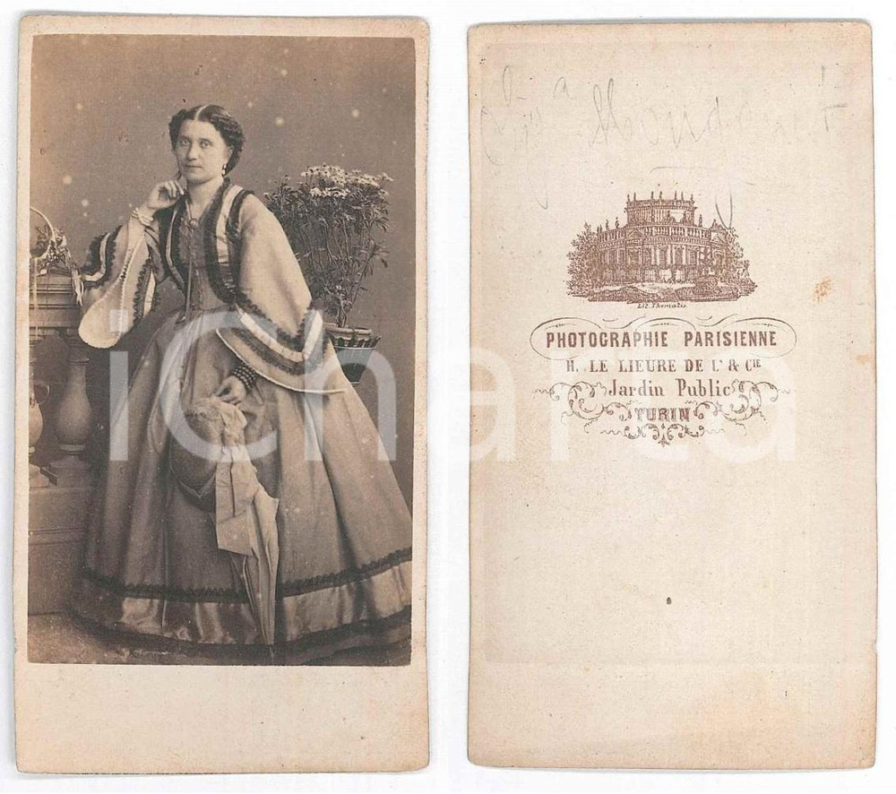 Fotografia d epoca originale 1870 ca TORINO Ritratto signora MONGENET con cappello  Foto LE LIEURE  CDV 1
