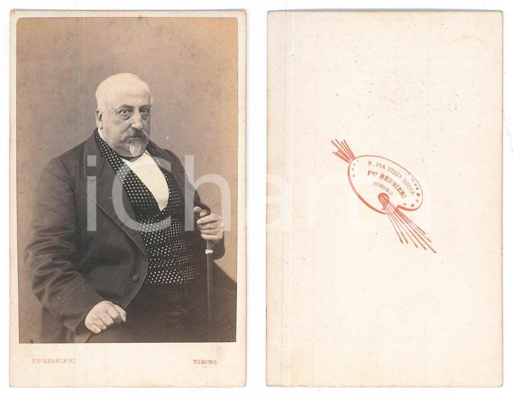 Fotografia d epoca originale 1870 ca TORINO Ritratto maschile con bastone  Foto F.lli BERNIERI CDV 1