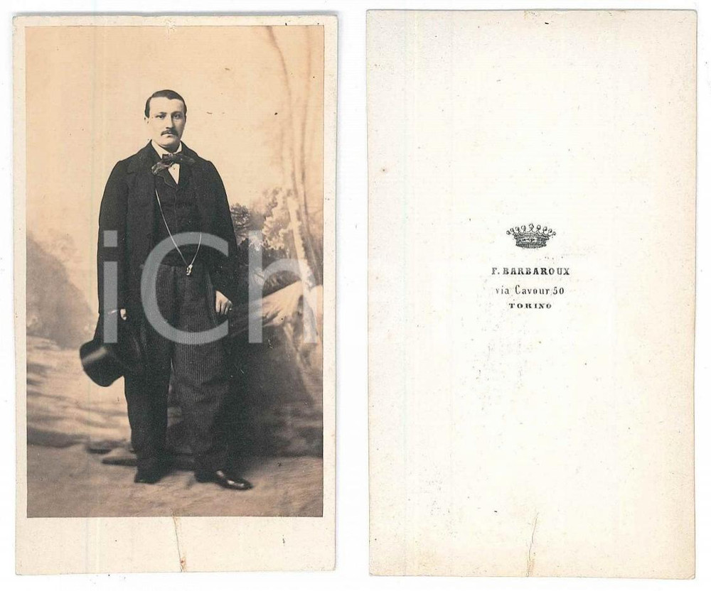 Fotografia d epoca originale 1870 ca TORINO Ritratto maschile con il cilindro Foto F. BARBAROUX CDV 1
