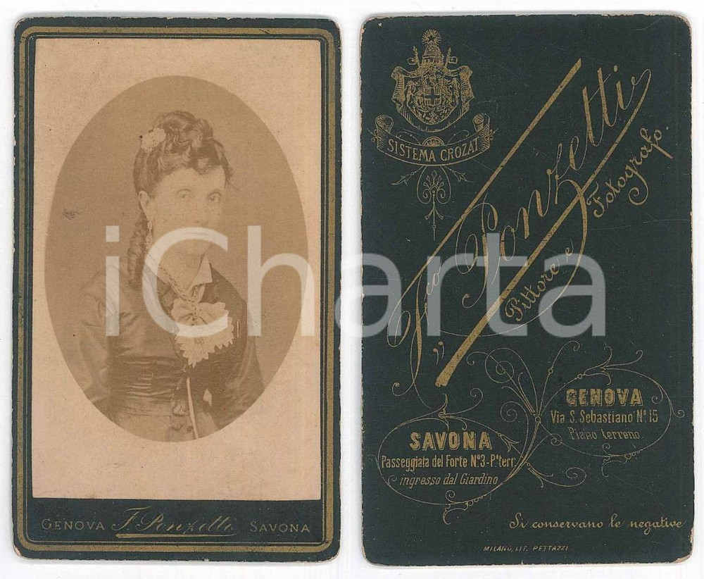 Fotografia d epoca originale 1880 ca GENOVA Ritratto di donna Busto  Foto Francesco PONZETTI CDV 1