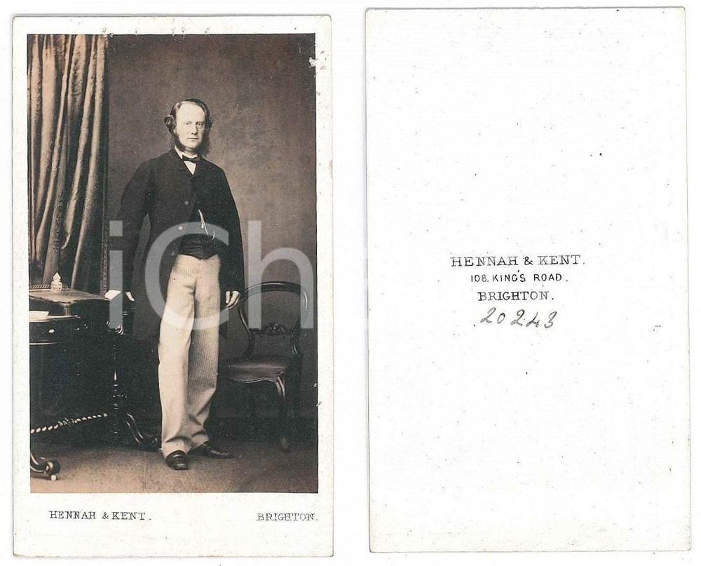 Fotografia d epoca originale 1870 ca BRIGHTON UK Portrait of an aristocratic man  Photo HENNAH & KENT CDV 1