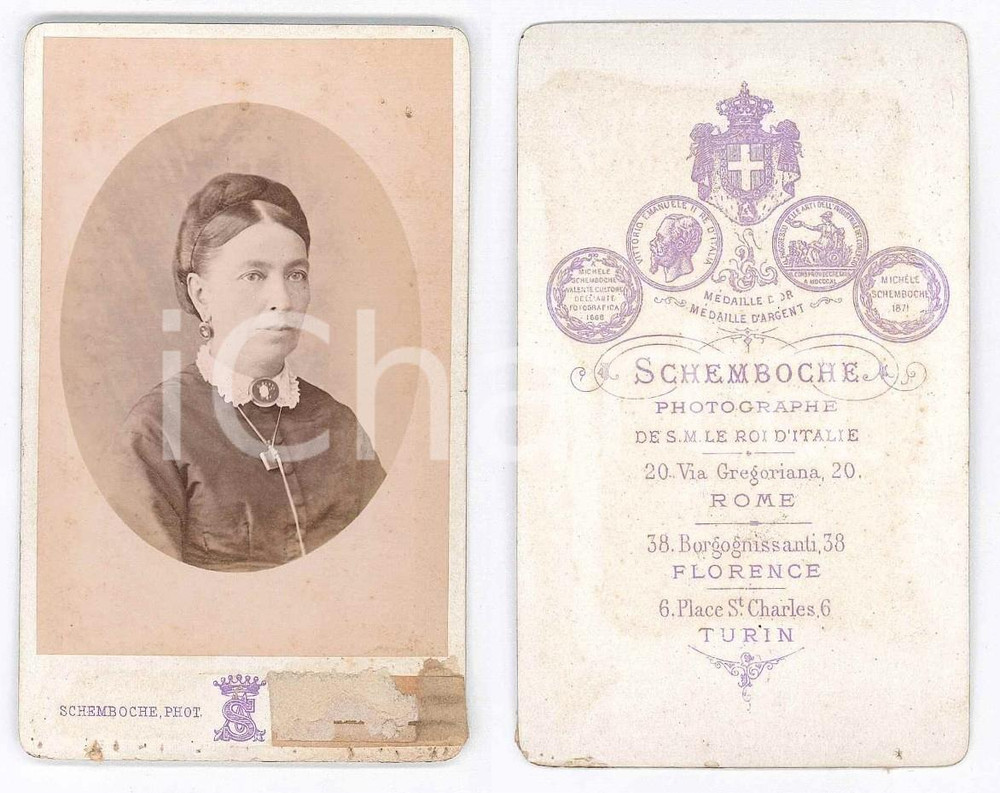 Fotografia d epoca originale 1875 ca TORINO Nobildonna con spilla  Ritratto Foto SCHEMBOCHE CDV 1
