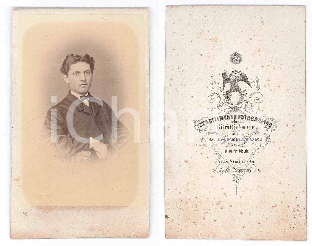 Fotografia d epoca originale 1870 ca VERBANIA INTRA Giovane uomo  Busto Foto  G. IMPERATORI CDV 1