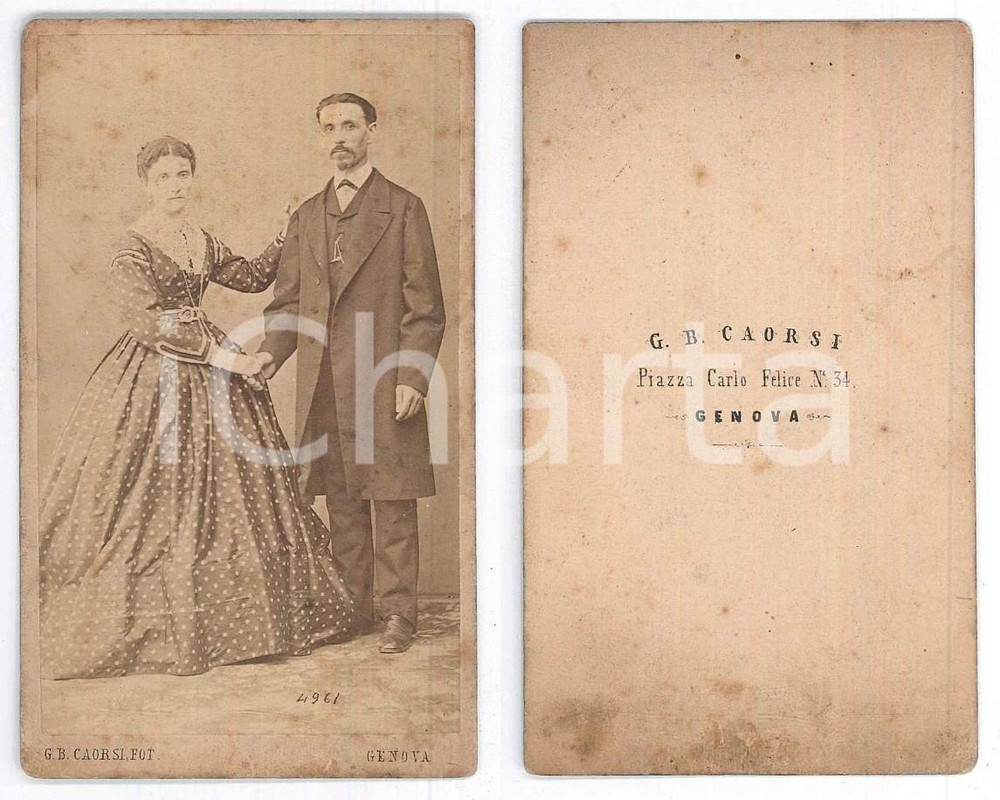 Fotografia d epoca originale 1870 ca GENOVA Ritratto di due coniugi  Foto G. B. CAORSI  CDV 1