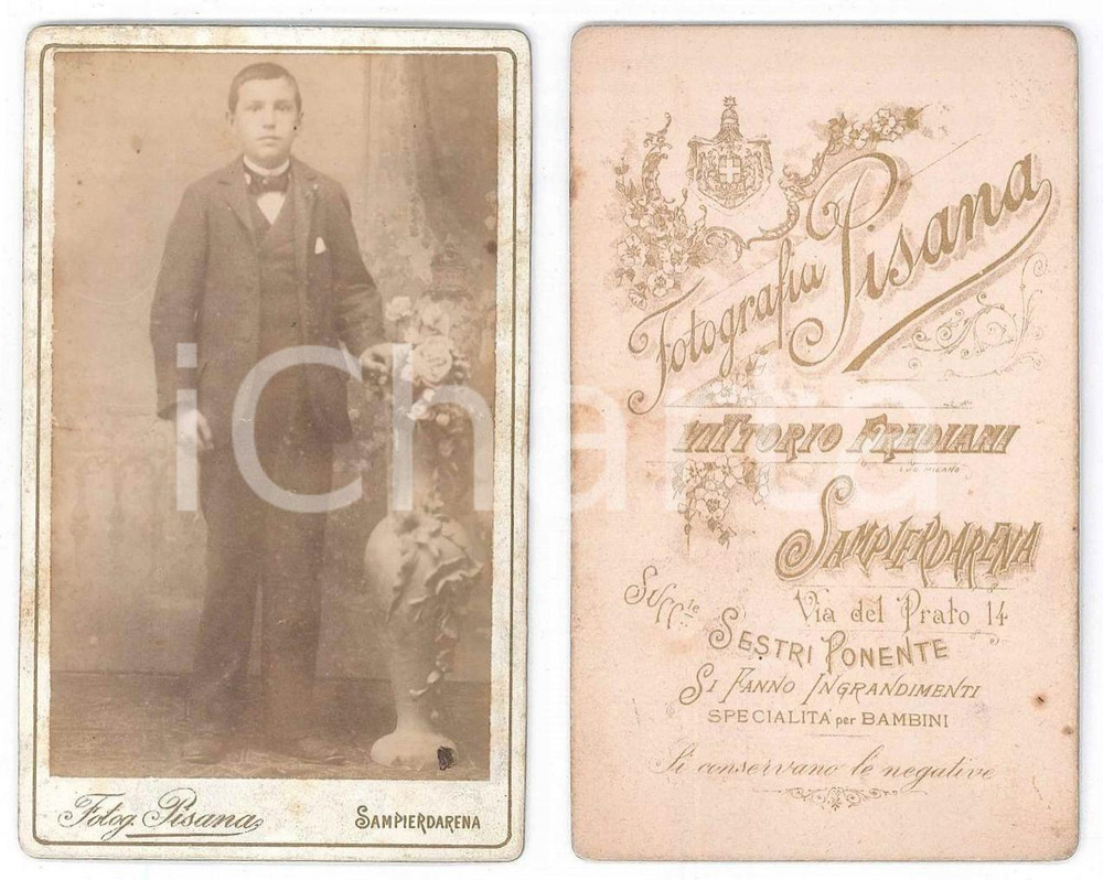 Fotografia d epoca originale 1900 ca GENOVA SAMPIERDARENA Ritratto di ragazzo Foto Vittorio FREDIANI CDV 1