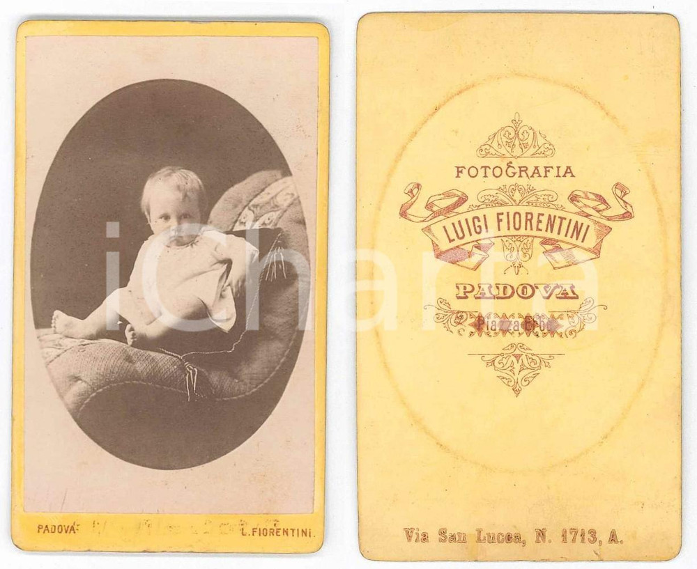 Fotografia d epoca originale 1880 ca PADOVA Bambino su poltroncina  Ritratto Foto Luigi FIORENTINI CDV 1