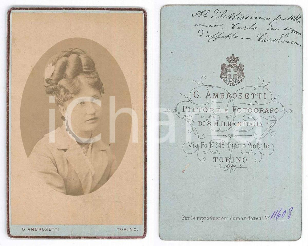 Fotografia d epoca originale 1890 ca TORINO Ritratto di giovane donna  Busto Foto Giuseppe AMBROSETTI CDV 1
