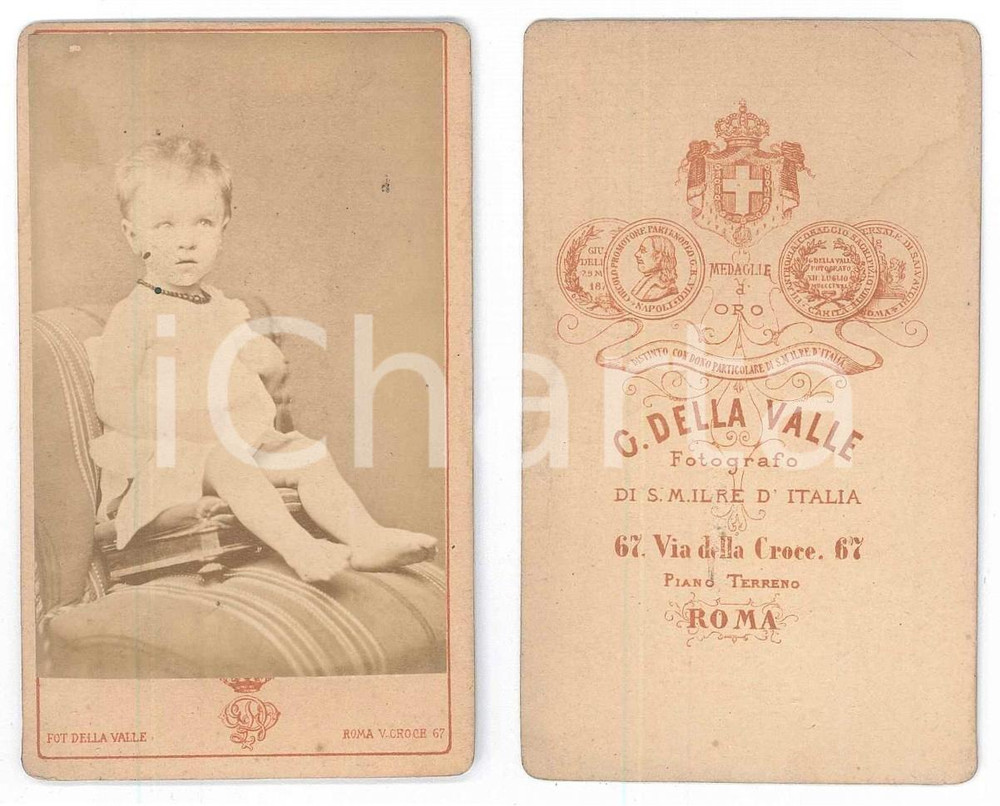 Fotografia d epoca originale 1875 ca ROMA Bambino su seggiolino  Ritratto  Foto Giuseppe DELLA VALLE CDV 1