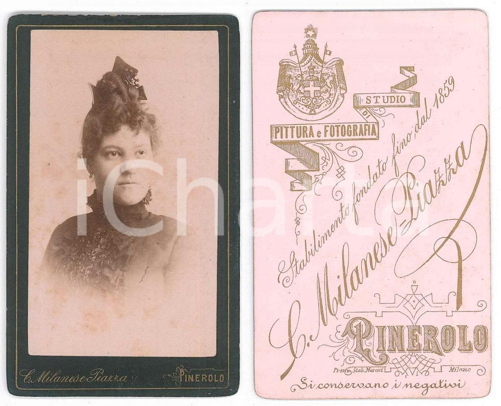 Fotografia d epoca originale 1880 ca PINEROLO Ritratto di donna  Busto Foto C. MILANESEPIAZZA CDV 1