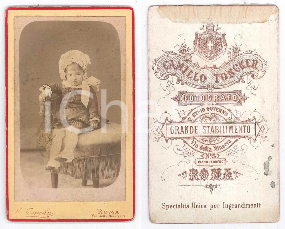 Fotografia d epoca originale 1890 ca ROMA Bambina con cuffietta bianca Foto Camillo TONCKER CDV 1