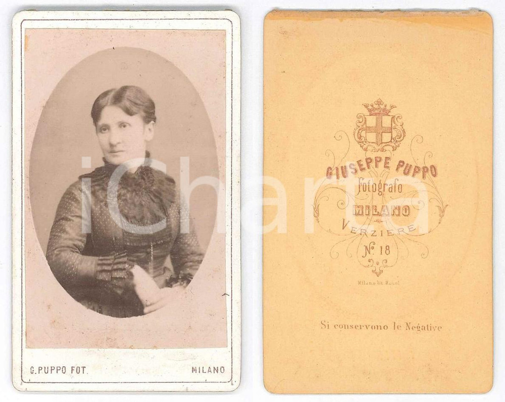 Fotografia d epoca originale 1880 ca MILANO Donna con abito a pois  Ritratto Foto Giuseppe PUPPO CDV 1