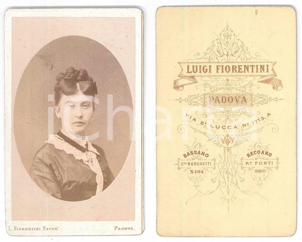 Fotografia d epoca originale 1875 ca PADOVA Donna con colletto in pizzo  Ritratto Foto Luigi FIORENTINI CDV 1