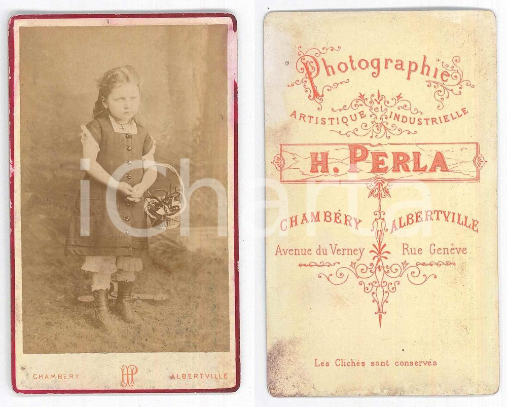 Fotografia d epoca originale 1880 ca FRANCE Ritratto di bambina con il cestino  Foto H. PERLA CDV 1