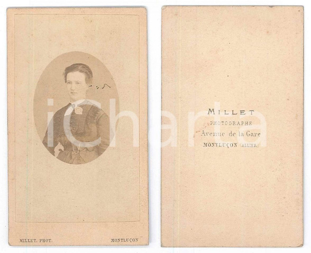 Fotografia d epoca originale 1870 ca MONTLUÃ‡ON FRANCE Ritratto di donna  Busto Foto MILLET CDV 1