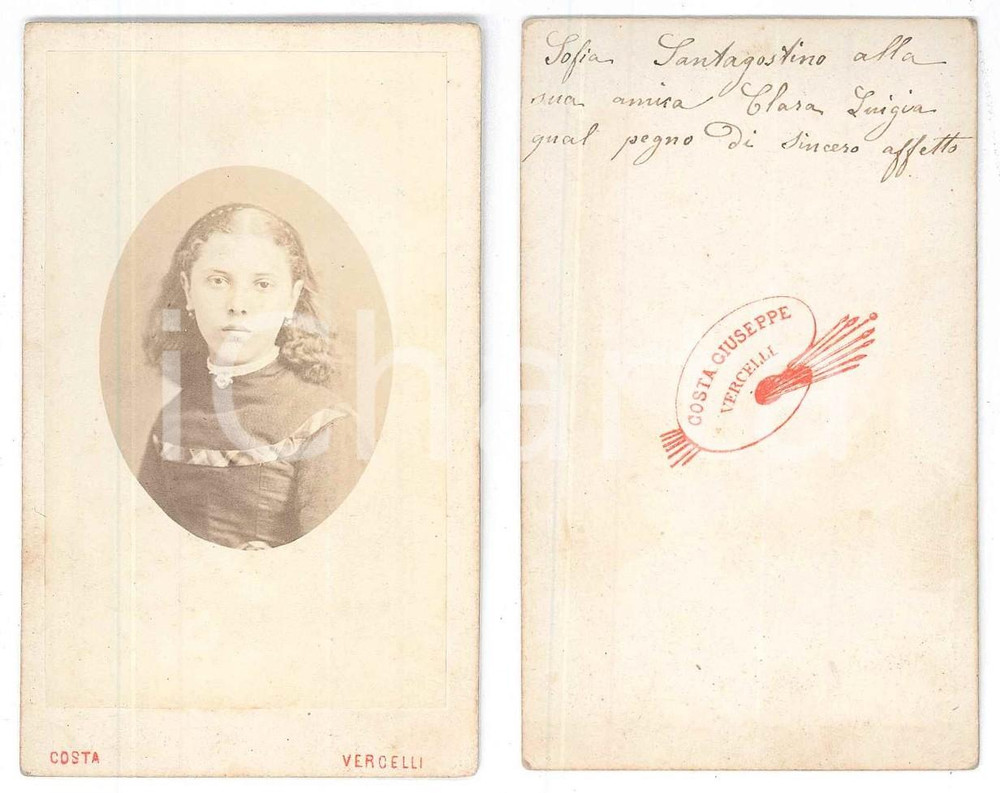 Fotografia d epoca originale 1875 ca VERCELLI Ritratto di Sofia SANTAGOSTINO bambina Foto Giuseppe COSTA CDV 1