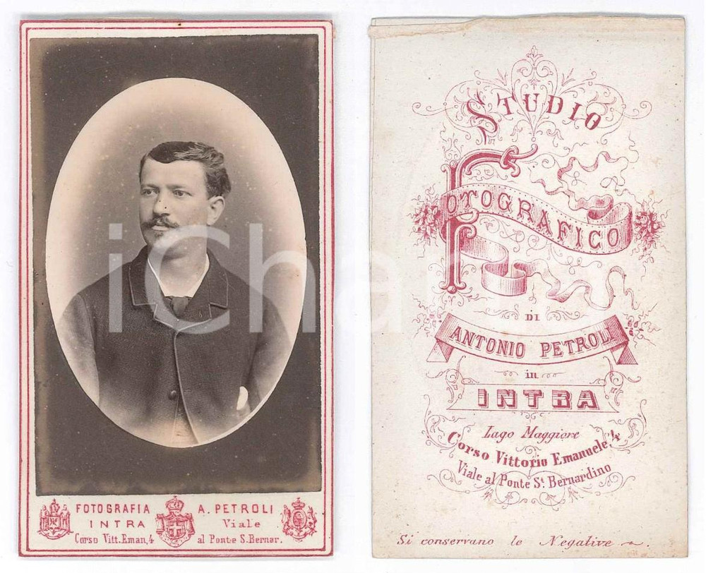Fotografia d epoca originale 1880 ca VERBANIA INTRA Ritratto maschile  Busto Foto Antonio PETROLI CDV 1