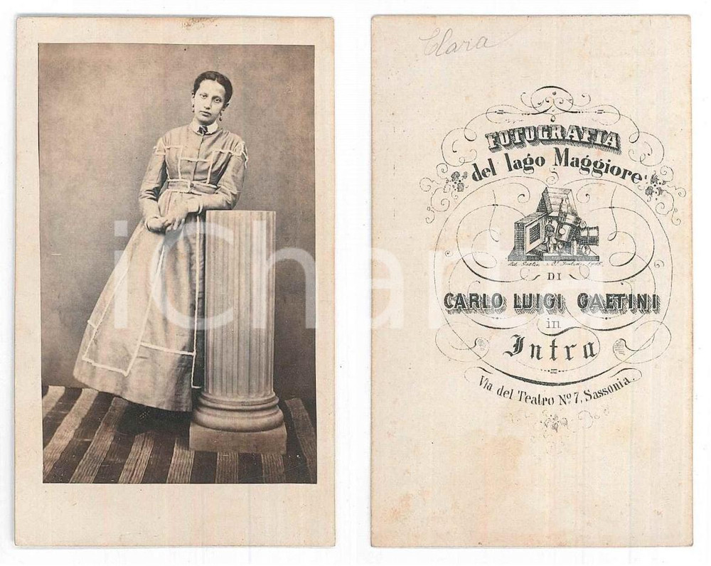 Fotografia d epoca originale 1870 ca VERBANIA INTRA Giovane donna con colonna  Ritratto Foto GAETINI CDV 1