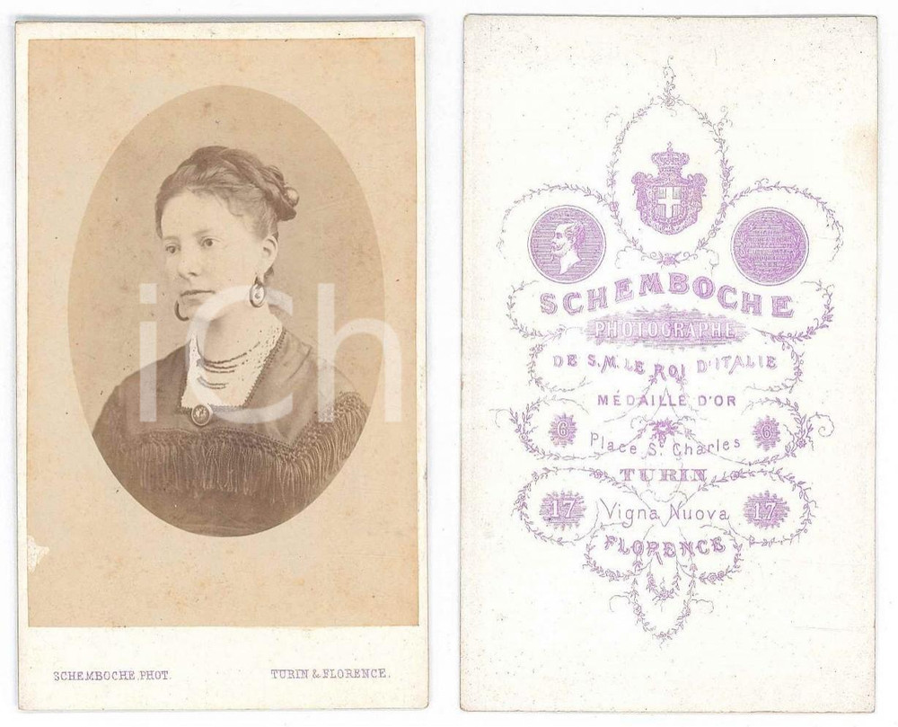 Fotografia d epoca originale 1870 ca TORINO Ritratto di donna con monili  Busto  Foto SCHEMBOCHE CDV 1