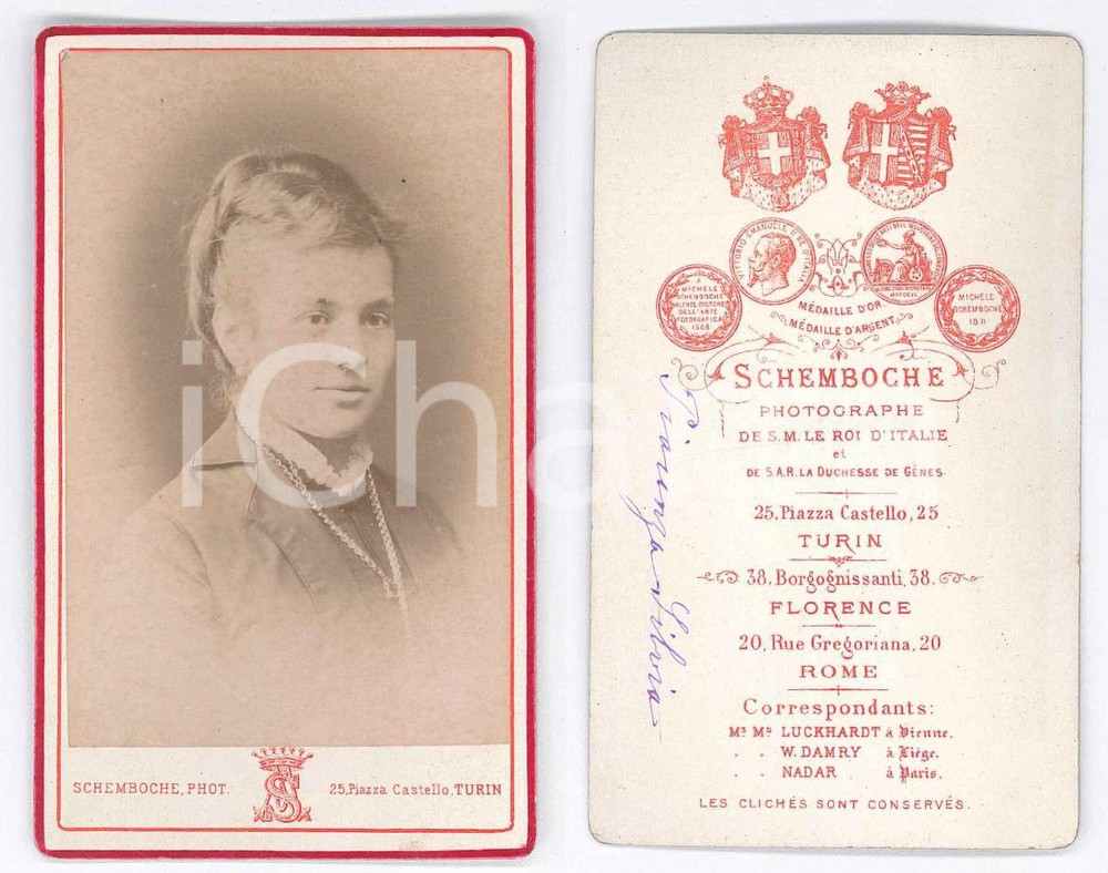 Fotografia d epoca originale 1875 ca TORINO Ritratto di Silvia PIACENZA  Foto SCHEMBOCHE CDV 1