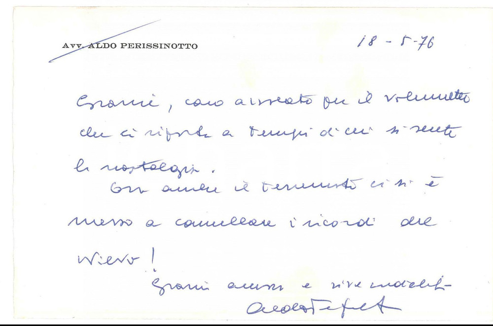 Autografo originale 1976 PADOVA Avv. Aldo PERISSINOTTO  Biglietto ringraziamento AUTOGRAFO 1