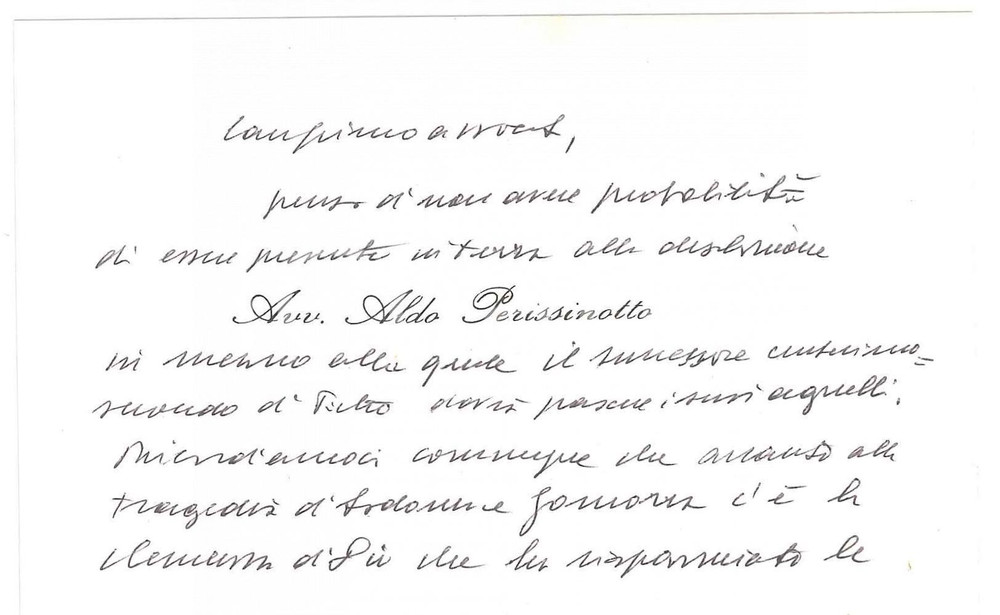 Autografo originale 1978 PADOVA Avv. Aldo PERISSINOTTO  Biglietto ringraziamento AUTOGRAFO 1