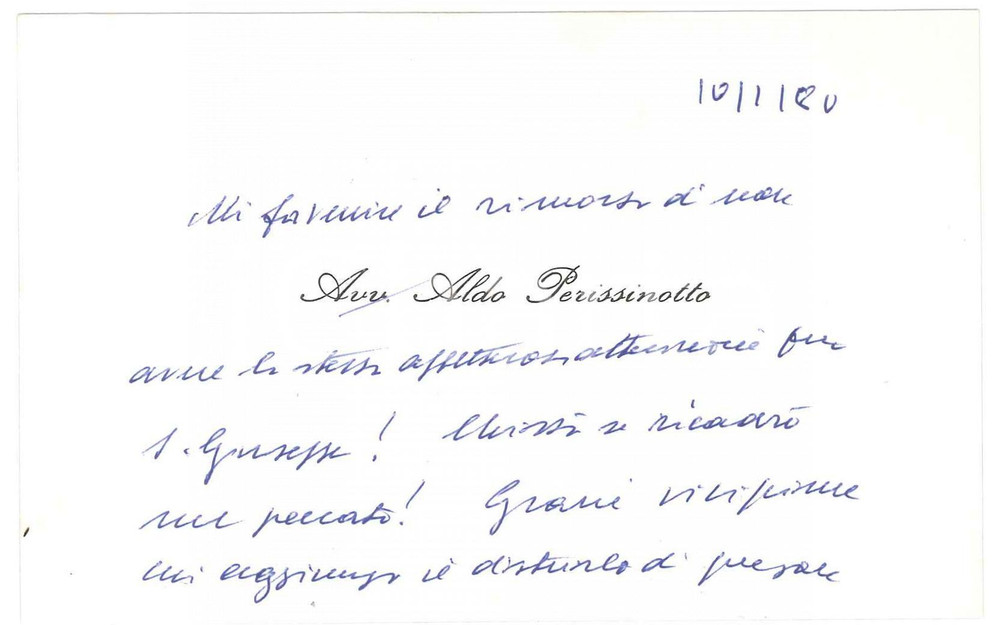 Autografo originale 1980 PADOVA Avv. Aldo PERISSINOTTO  Biglietto ringraziamento AUTOGRAFO 1