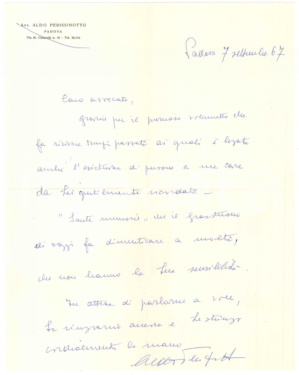 Autografo originale 1967 PADOVA Avv. Aldo PERISSINOTTO  Lettera per volume ricevuto AUTOGRAFO 1