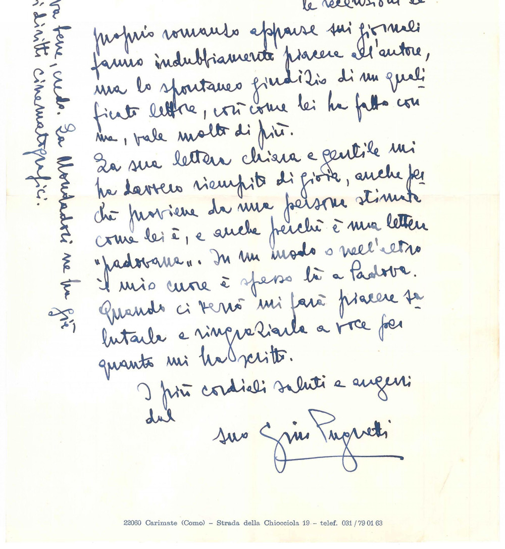 Autografo originale 1977 CARIMATE Lettera scrittore Gino PUGNETTI felice per recensione AUTOGRAFO 1
