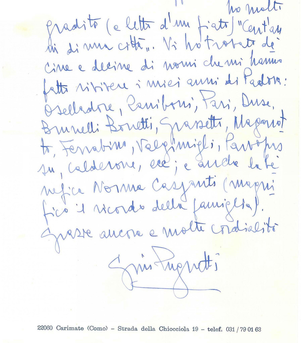 Autografo originale 1977 CARIMATE Lettera scrittore Gino PUGNETTI per libro ricevuto AUTOGRAFO 1