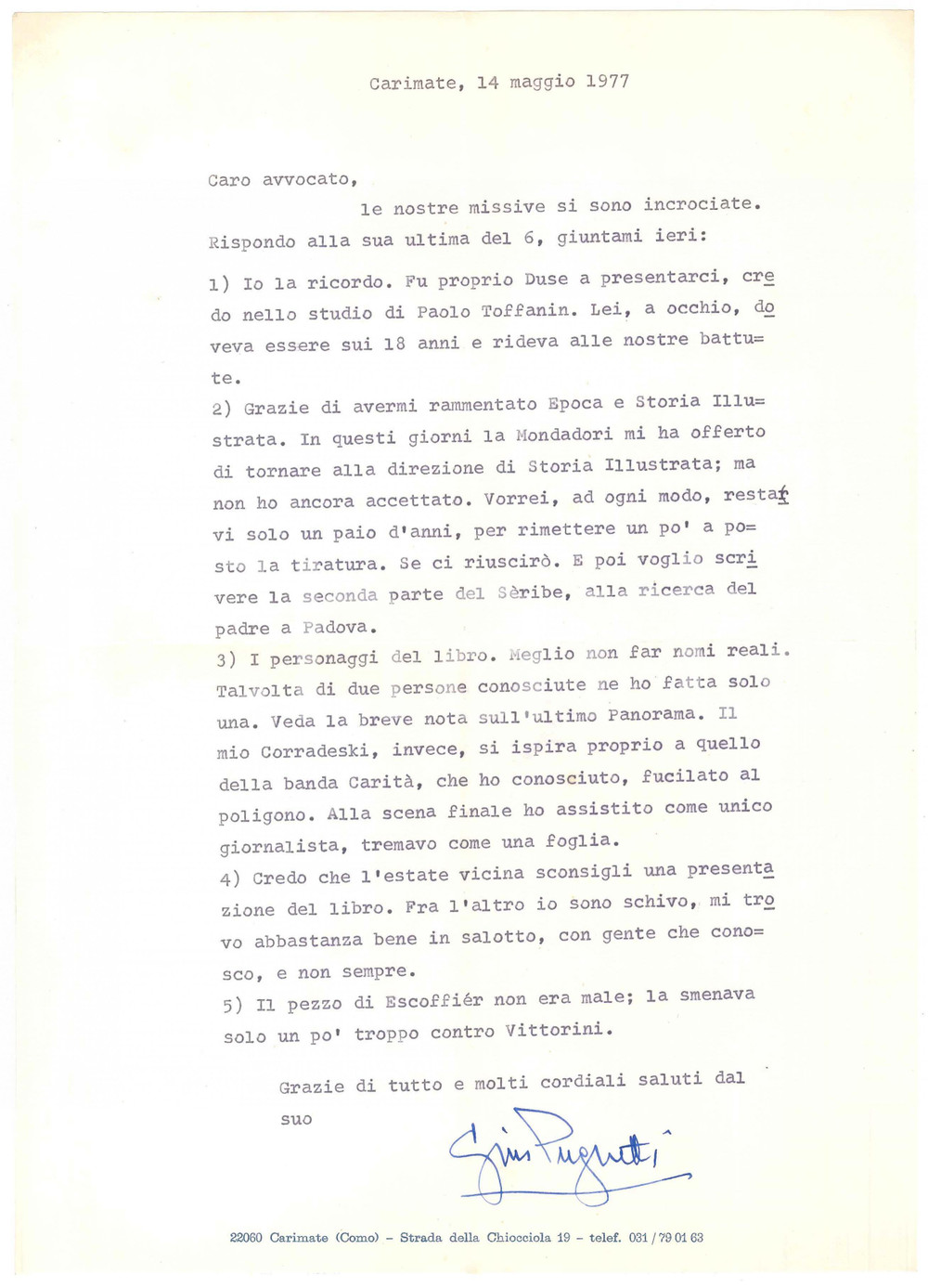 Autografo originale 1977 CARIMATE Scrittore Gino PUGNETTI su offerta Mondadori AUTOGRAFO 1