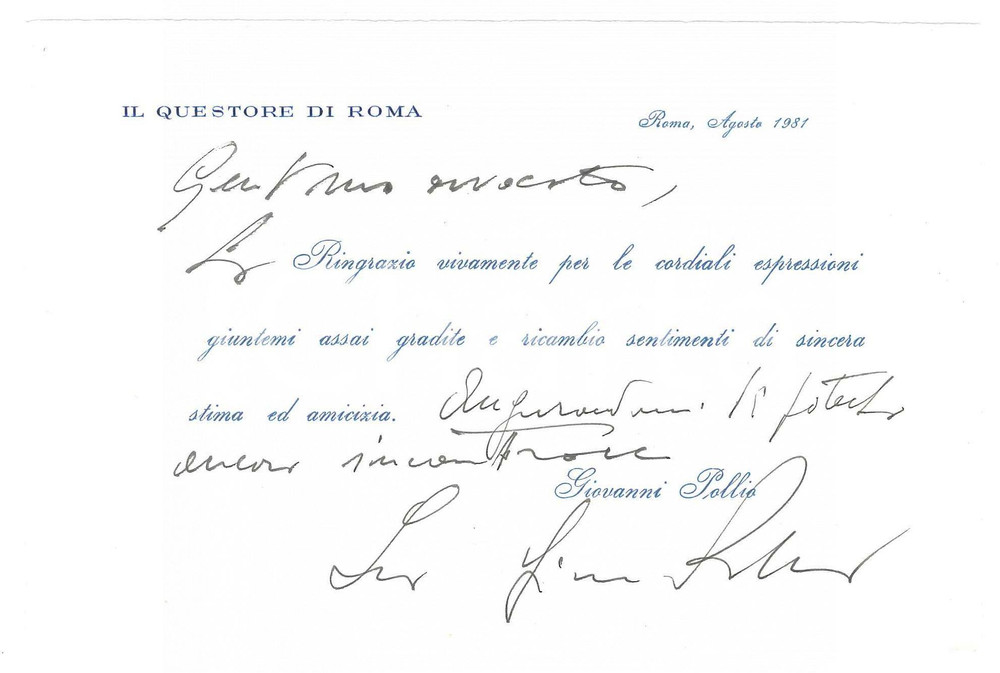 Autografo originale 1981 ROMA Questore Giovanni POLLIO  Biglietto ringraziamento AUTOGRAFO 1