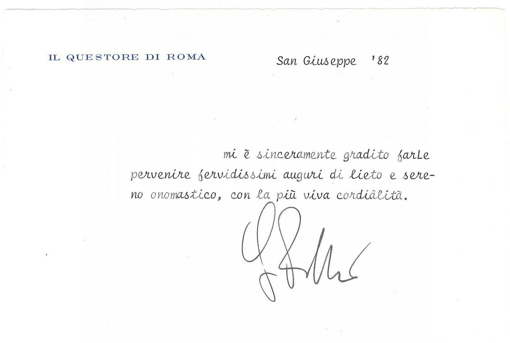 Autografo originale 1982 ROMA Questore Giovanni POLLIO  Biglietto auguri onomastico AUTOGRAFO 1