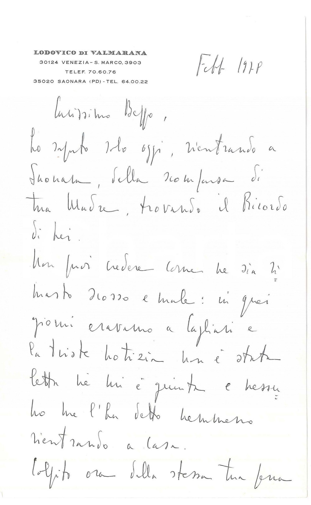 Autografo originale 1978 VENEZIA Lettera nobile Lodovico di VALMARANA per condoglianze AUTOGRAFO 1