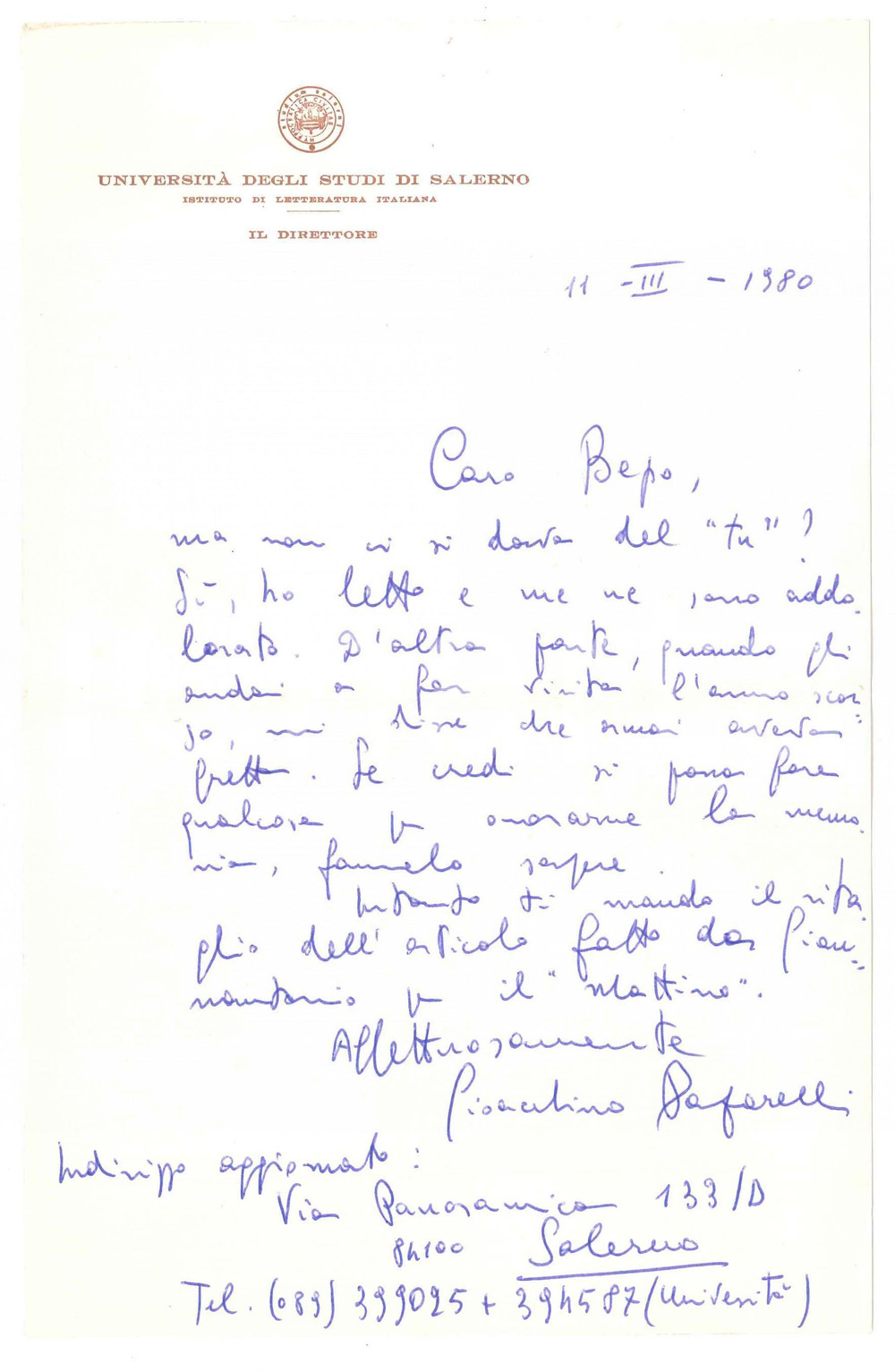 Autografo originale 1980 SALERNO Lettera Gioacchino PAPARELLI in morte di un conoscente AUTOGRAFO 1