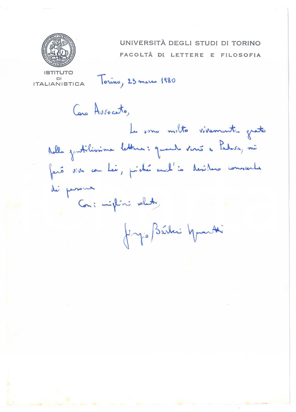1980 TORINO Lettera Giorgio BARBERI SQUAROTTI per ringraziamento *AUTOGRAFO
