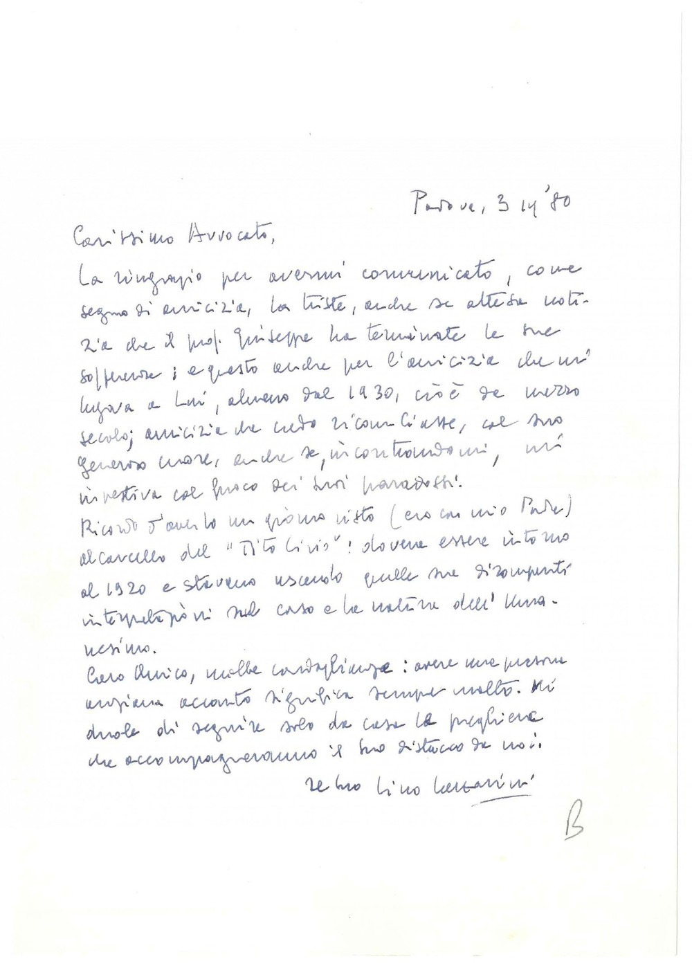 Autografo originale 1980 PADOVA Lettera Lino LAZZARINI in morte di un conoscente Autografo 1