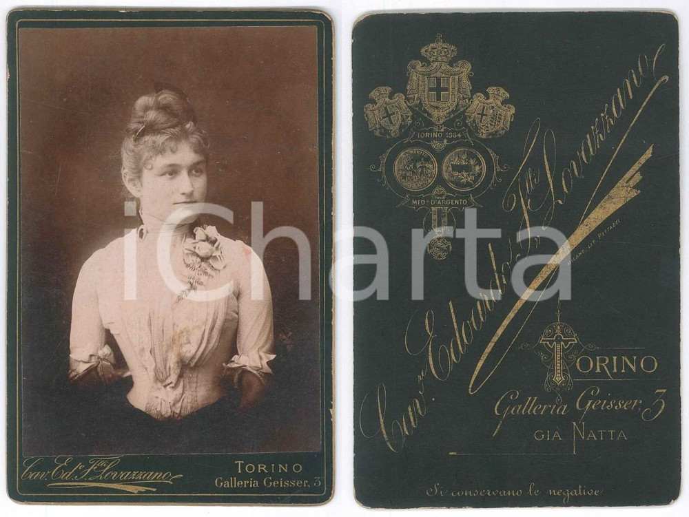 Fotografia d epoca originale 1885 ca TORINO Donna con fiori appuntati all abito  Foto LOVAZZANO 11x16 cm 1