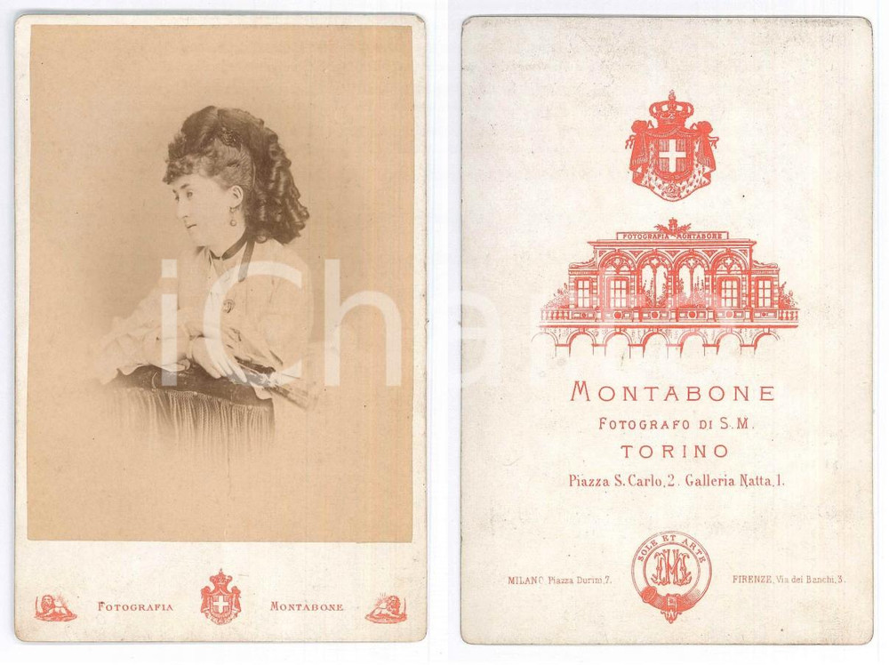 Fotografia d epoca originale 1880 ca TORINO Nobildonna in abito bianco con ventaglio Foto MONTABONE 1
