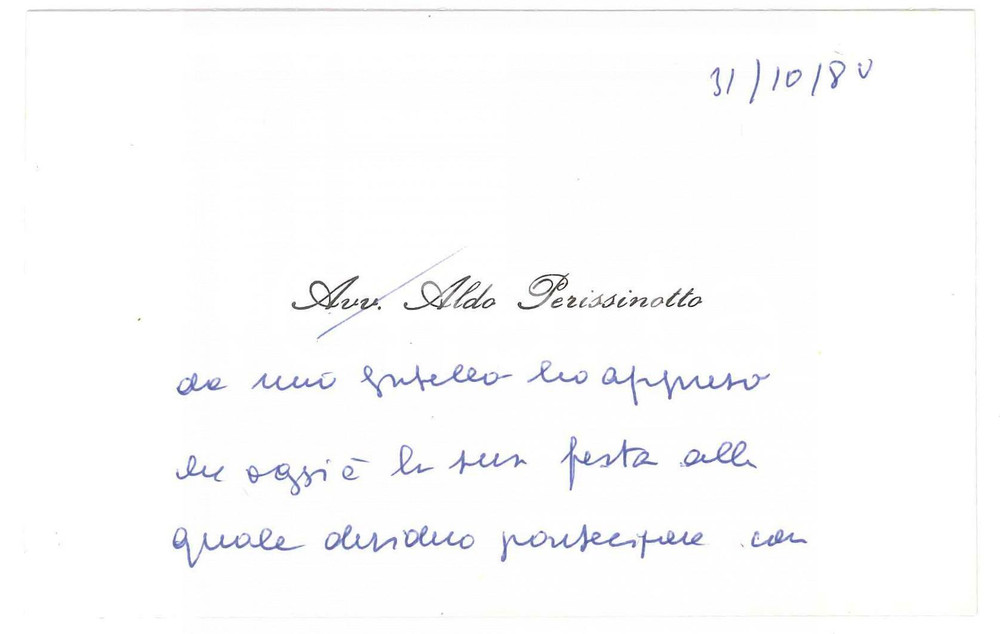Autografo originale 1980 PADOVA Avv. Aldo PERISSINOTTO  Biglietto auguri AUTOGRAFO 1