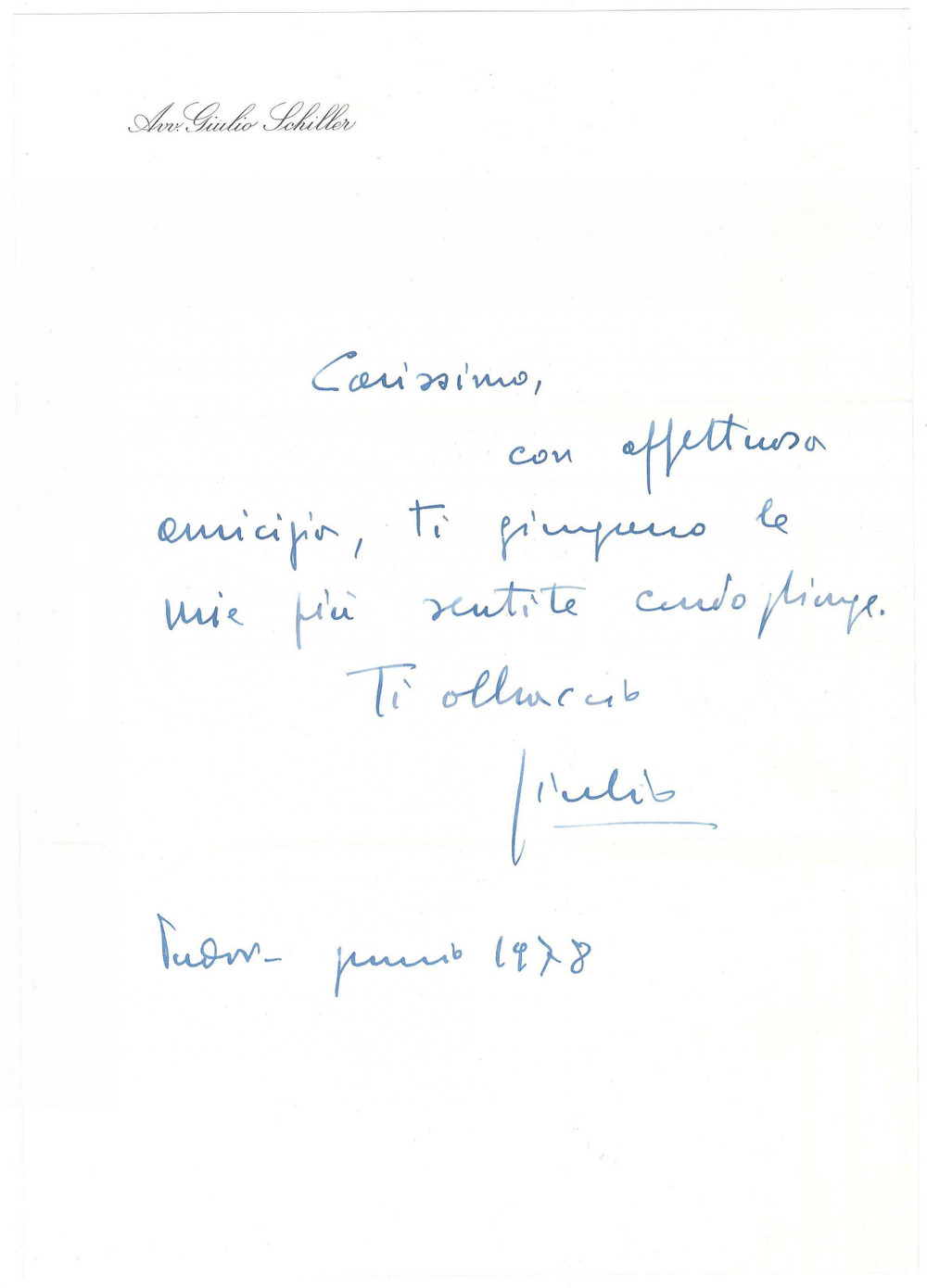 Autografo originale 1978 PADOVA Lettera avv. Giulio SCHILLER per condoglianze Autografo 1