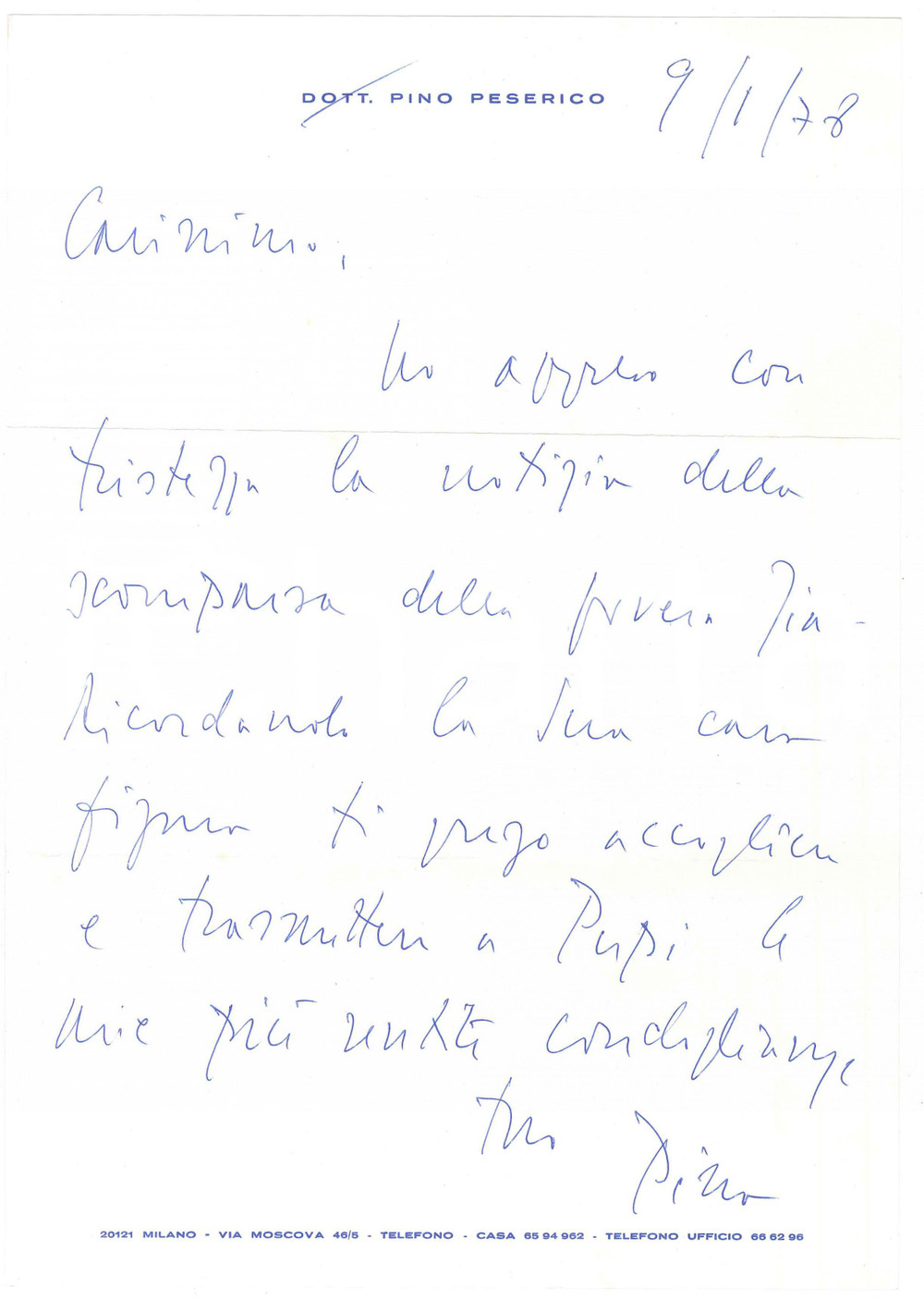 Autografo originale 1978 MILANO Lettera Pino PESERICO per condoglianze Autografo 1