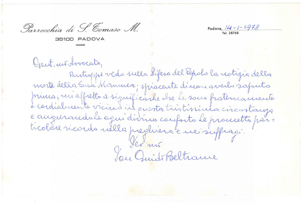 Autografo originale 1978 PADOVA Lettera don Guido BELTRAME  Parrocchia S. Tomaso Autografo 1
